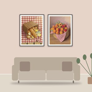 vintage picnic still lifes printable art framed above a sofa in a styled living room
