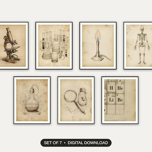 Set of 7 vintage science lab icons printable prints shown as a gallery wall