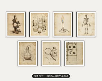 Vintage Microscope Prints Set of 7 | Sepia Science Lab Icons for Study Nooks | Back to School Digital Download