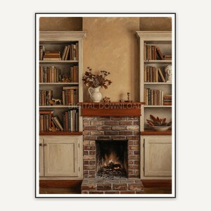 Bookshelves beside brick hearth