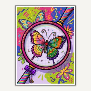 magnifying glass over a colorful butterfly specimen