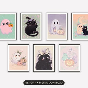 Set of 7 creepy cute wall art printable prints shown as a gallery wall