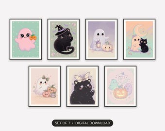 Creepy Cute Wall Art, Set Of 7 Prints, Pastel Ghost And Cat Halloween Decor, Nursery Entryway Gallery Wall, Gentle Spooky Season Art