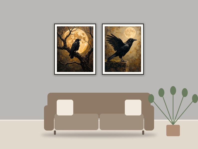 Antique Raven Portraits printable art framed above a sofa in a styled living room