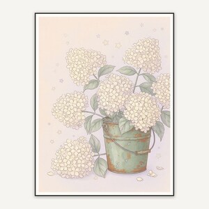 Cream hydrangeas in metal bucket with stars