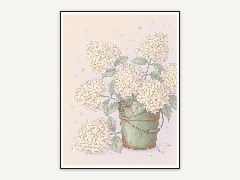 Cream hydrangeas in metal bucket with stars