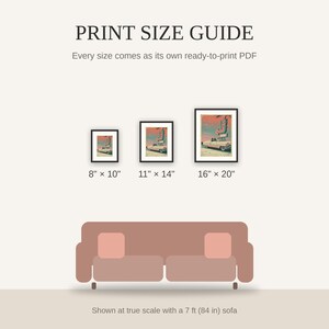 Print size guide showing 8x10, 11x14, and 16x20 framed prints at true scale beside a sofa