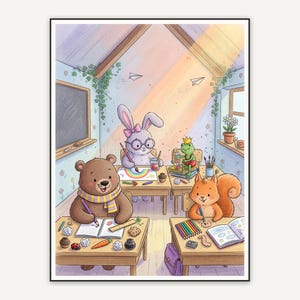 Squirrel at a desk in soft watercolor storybook style