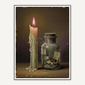 Vintage oil painting of taper candle and spiderweb jar