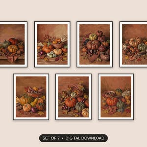 Set of 7 rustic pumpkin still life printable prints shown as a gallery wall