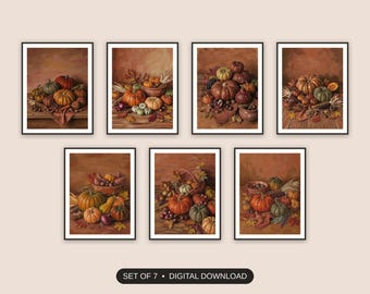 Rustic Pumpkin Prints Set of 7 | Warm Autumn Still Life Art | Fall Equinox Kitchen Decor Digital Download