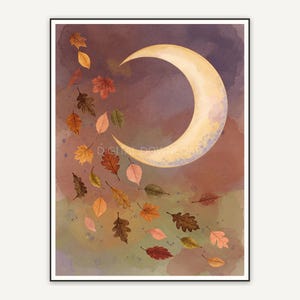 Crescent moon with drifting autumn leaves