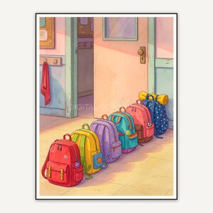 Colorful backpacks lined beside classroom door