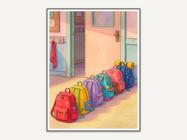 Colorful backpacks lined beside classroom door