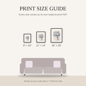Print size guide showing 8x10, 11x14, and 16x20 framed prints at true scale beside a sofa