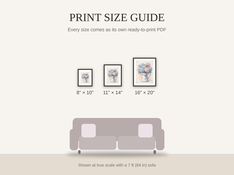 Print size guide showing 8x10, 11x14, and 16x20 framed prints at true scale beside a sofa