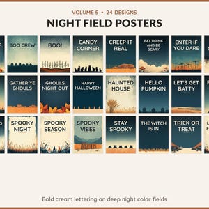 Volume 5 Night Field Posters: 24 printable Halloween art designs, bold cream lettering on deep night color fields