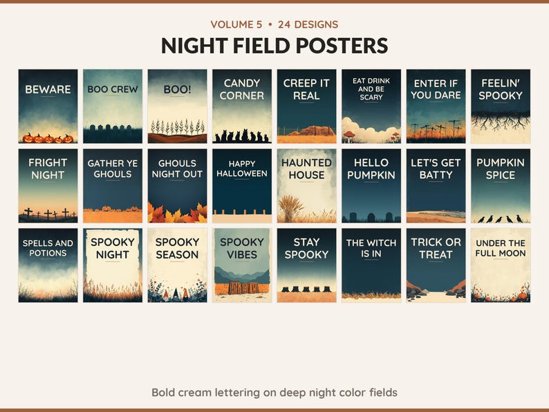 Volume 5 Night Field Posters: 24 printable Halloween art designs, bold cream lettering on deep night color fields