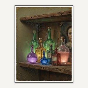 Vintage oil painting of glowing potion bottles on wooden shelf