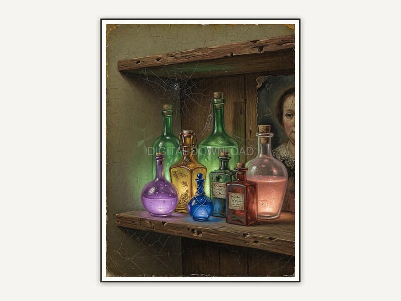 Vintage oil painting of glowing potion bottles on wooden shelf
