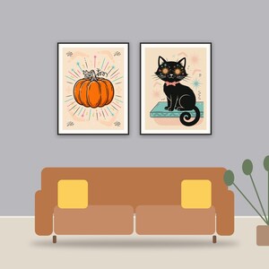 halloween decor and spooky season wall art printable art framed above a sofa in a styled living room