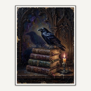 Raven on ancient books with candlelight