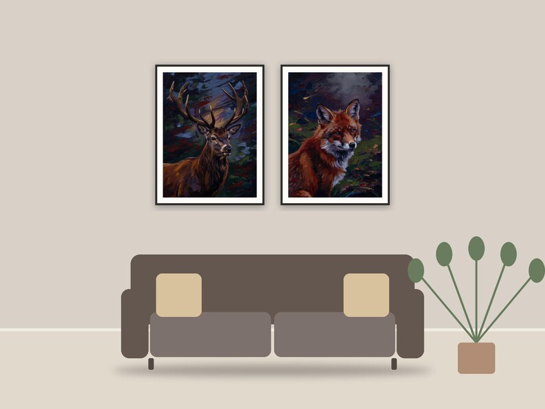 vintage animal portraits printable art framed above a sofa in a styled living room