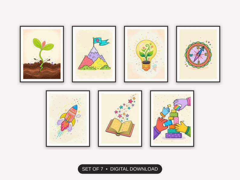 Set of 7 growth mindset illustrations printable prints shown as a gallery wall
