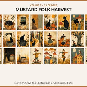 Volume 3 Mustard Folk Harvest: 24 printable Halloween art designs, naive primitive folk illustrations in warm rustic hues