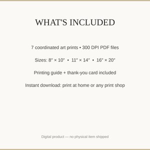 What's included: 7 art prints as 300 DPI PDFs in three sizes plus printing guide and thank-you card