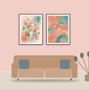 colorful rainbow learning icons printable art framed above a sofa in a styled living room