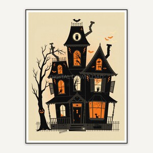 Retro mid-century haunted house print in orange and black