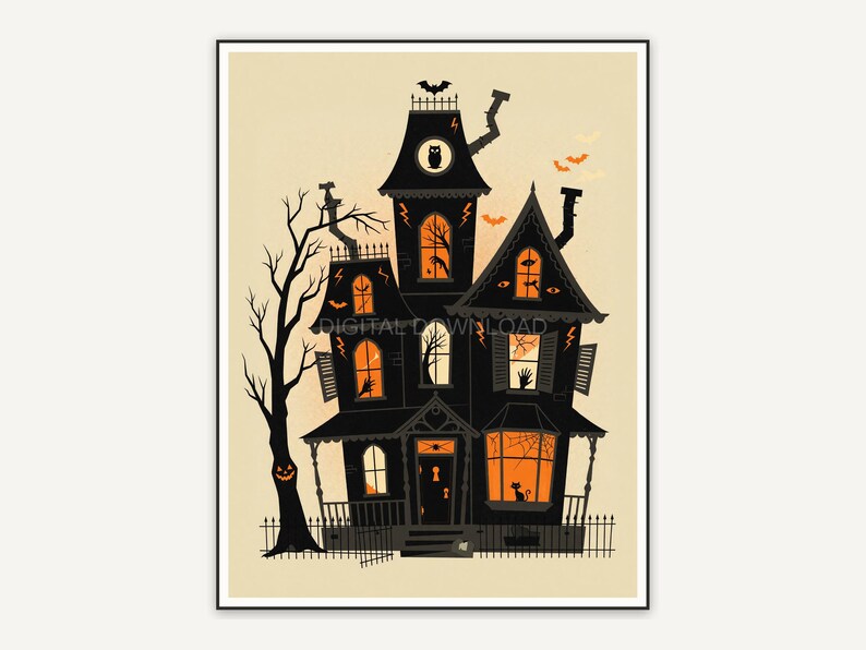 Retro mid-century haunted house print in orange and black