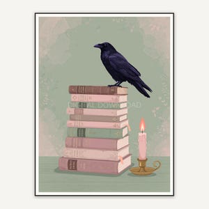 Raven on books beside pink candle