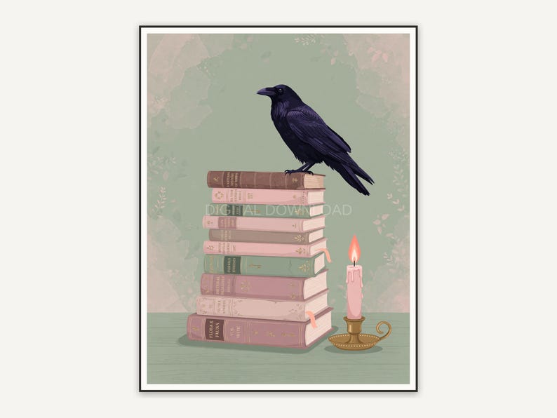 Raven on books beside pink candle