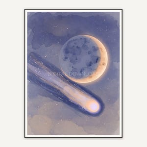 Waxing crescent with comet in warm sand tones