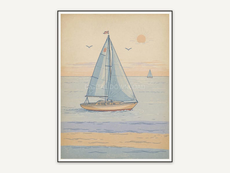 Faded sailboat on calm water for porch wall