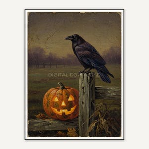 Vintage oil painting of raven beside glowing jack-o-lantern