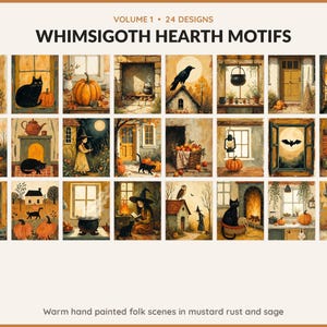 Volume 1 Whimsigoth Hearth Motifs: 24 printable Halloween art designs, warm hand painted folk scenes in mustard rust and sage