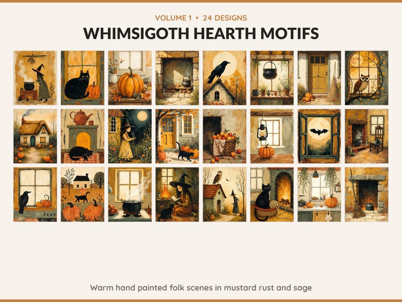 Volume 1 Whimsigoth Hearth Motifs: 24 printable Halloween art designs, warm hand painted folk scenes in mustard rust and sage