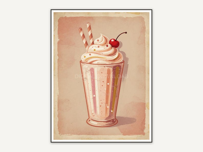 Faded vintage milkshake glass print with soft accents