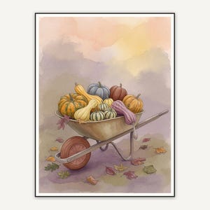 Soft watercolor wheelbarrow of gourds print