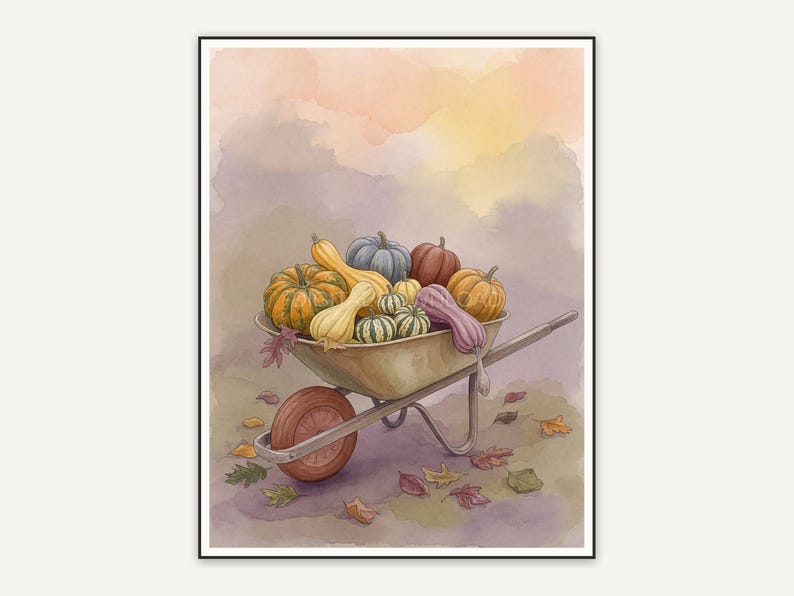 Soft watercolor wheelbarrow of gourds print