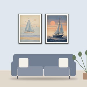 coastal americana printable art framed above a sofa in a styled living room