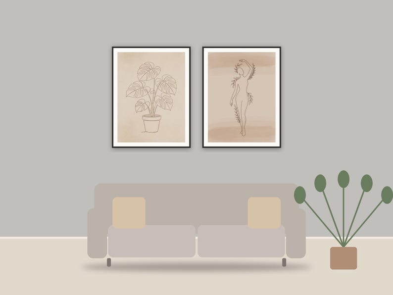 minimalist one-line art printable art framed above a sofa in a styled living room
