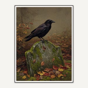 Vintage oil painting of crow on mossy gravestone with leaves
