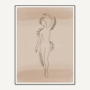 Minimalist line art of abstract standing figure with leaves