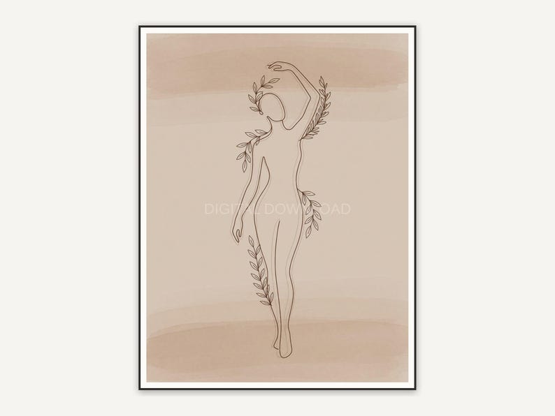 Minimalist line art of abstract standing figure with leaves
