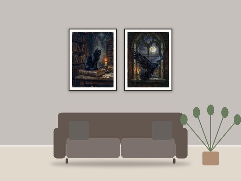 halloween decor and spooky season wall art printable art framed above a sofa in a styled living room