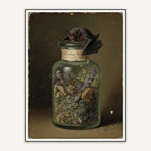 Vintage oil painting of apothecary jar with bat on rim